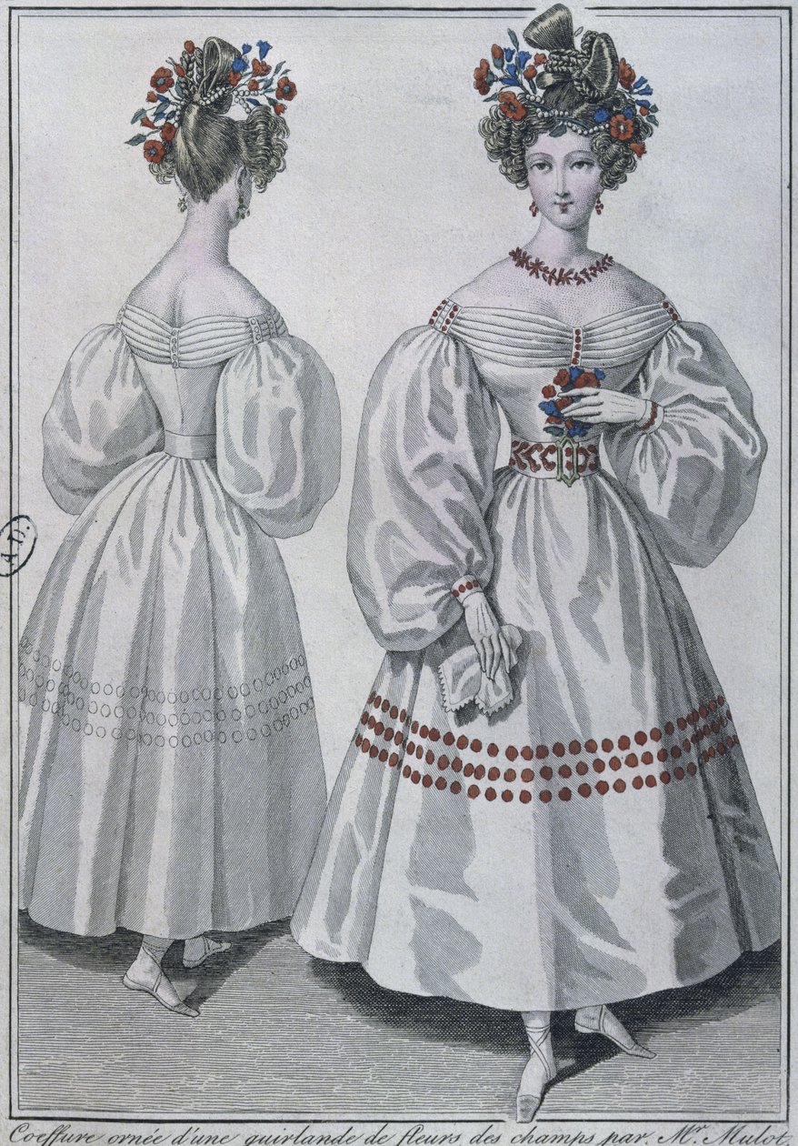 Frisyre med en krans av ville blomster, Paris, 1829 (fargegravering) av French School