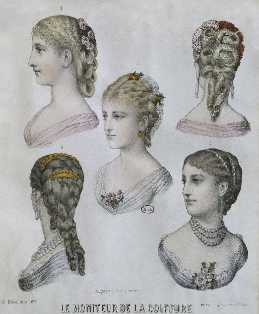 Frisyrer, illustrasjon fra Le Moniteur de la Coiffure, 10. desember 1879 (fargegravering) av French School