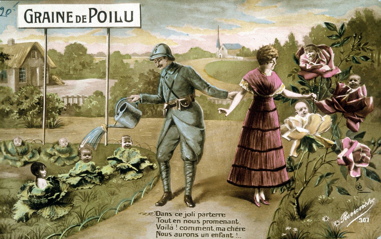 Hårete frø: I dette herlige gulvet Mens vi går, her er det! hvordan min kjære vi skal få et barn - Postkort ved fødsel, v. 1914 av French School