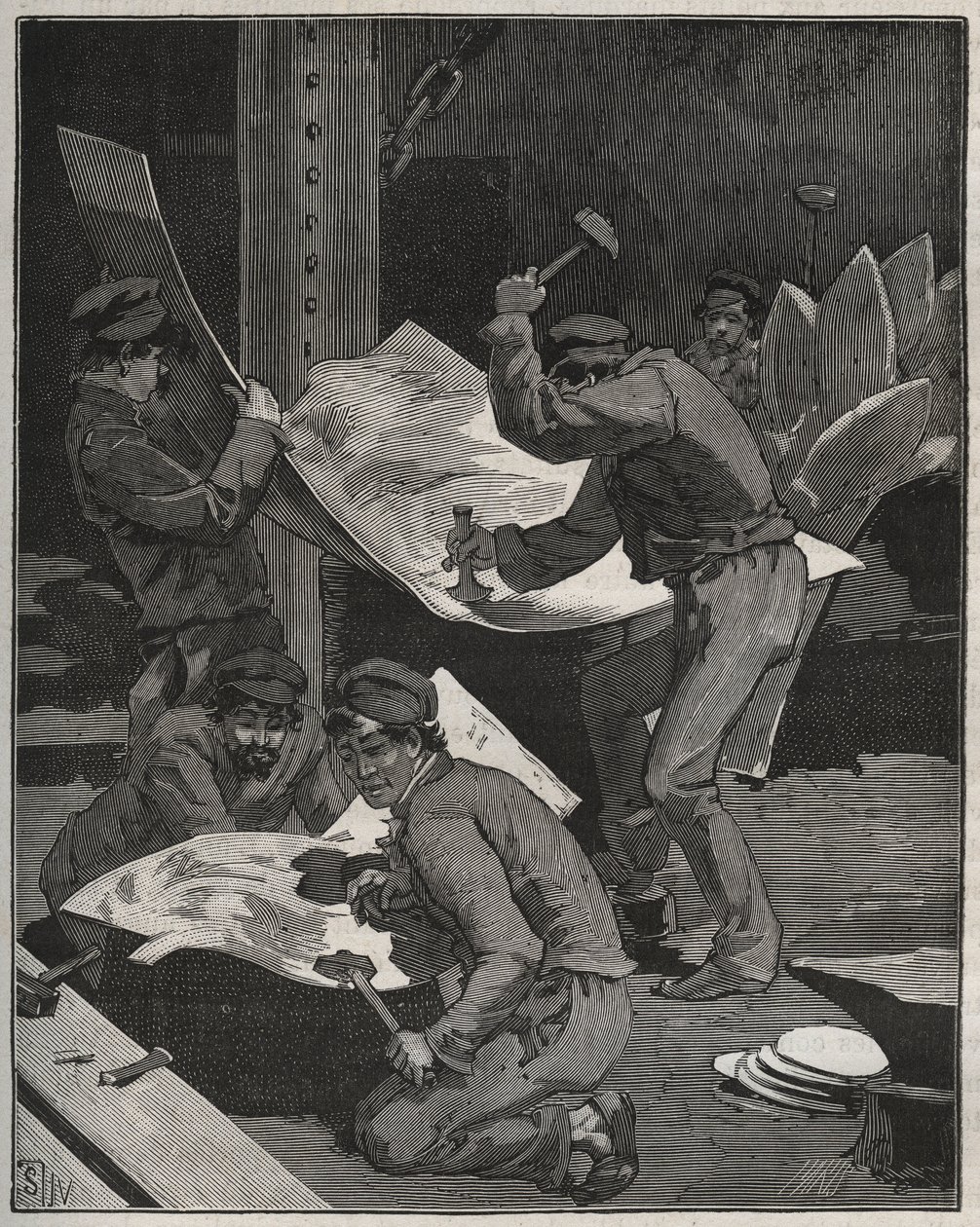 Hamring og montering av deler av Frihetsgudinnen laget av Frederic Auguste Bartholdi (1834-1905). Gravering fra 1880 i "" Les arts et metiers illustres"" av Adolphe BITARD. av French School