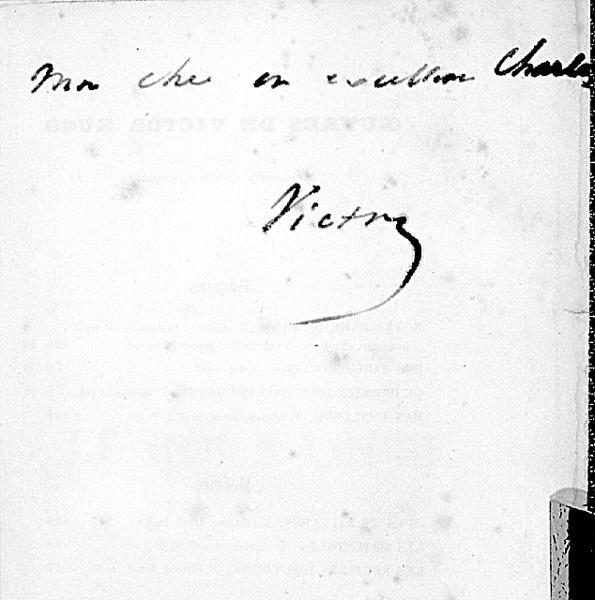 Håndskrevet signatur av Victor Hugo (1802-85) på en side i boken hans 