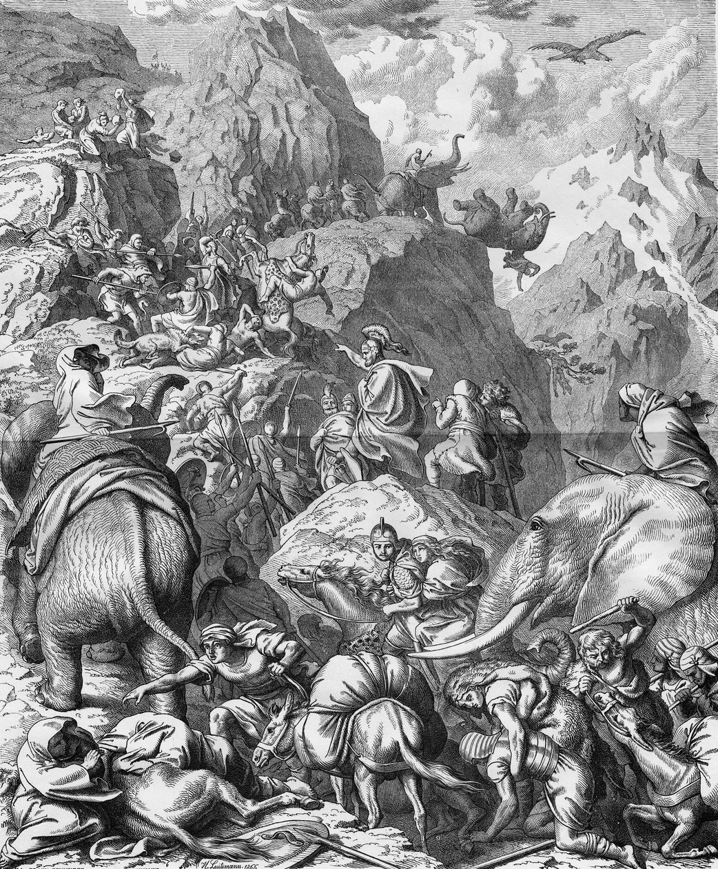 Hannibal krysser Alpene med elefanter for å ankomme Italia (II Punic War). Gravering fra 1800-tallet. av French School