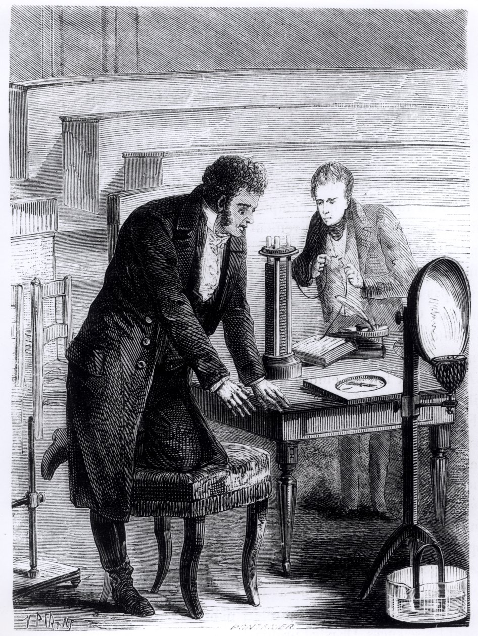 Hans Christian Oersted (1777-1851) oppdaget avviket til den magnetiske nålen ved lukket strøm i 1820, fra Les Merveilles de la Science av Louis Figuier (1819-94), 1867 av French School