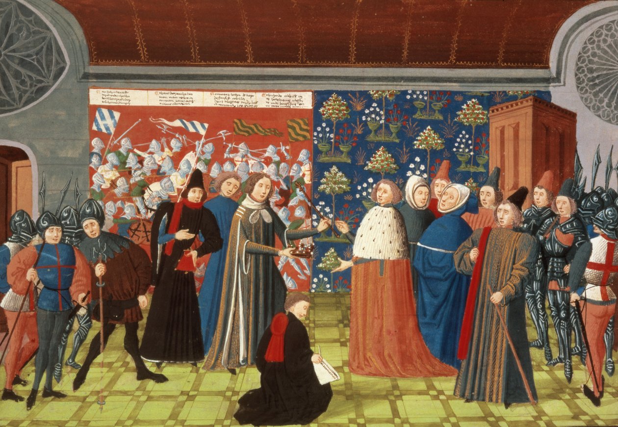 Harl.4380 f.184v Richard II gir kronen til jarlen av Derby, fra Froissarts Chronicle, Vol IV (vellum) av French School