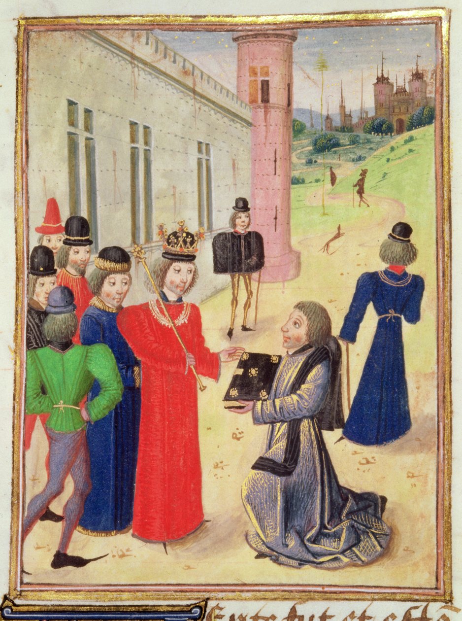 Harl 4380 f.233v Froissart presenterer boken sin til Richard II, fra Froissarts Chronicle, Vol IV (vellum) av French School