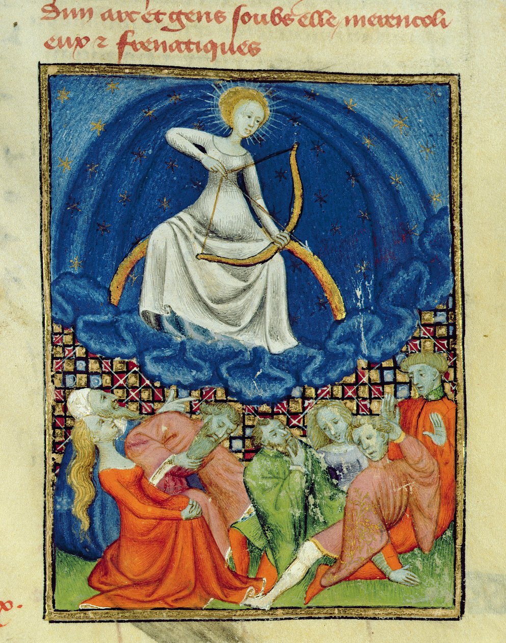 Harl 4431 f.101 Diana og hennes tilhengere, galninger (Månetilbedere), parisisk kopi, ca. 1410-15 av French School