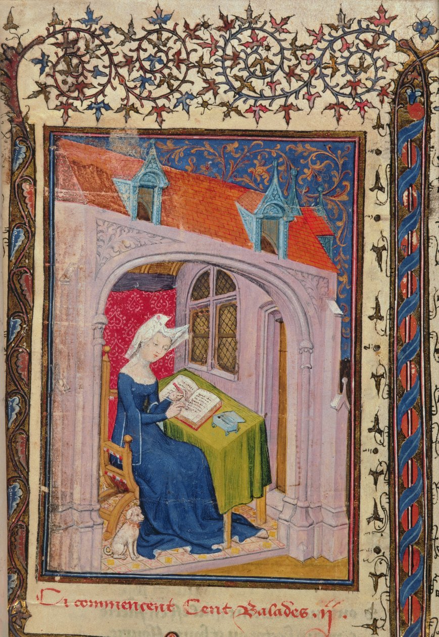 Harl 4431 f.4 Christine de Pisan skriver ved skrivebordet sitt, fra 