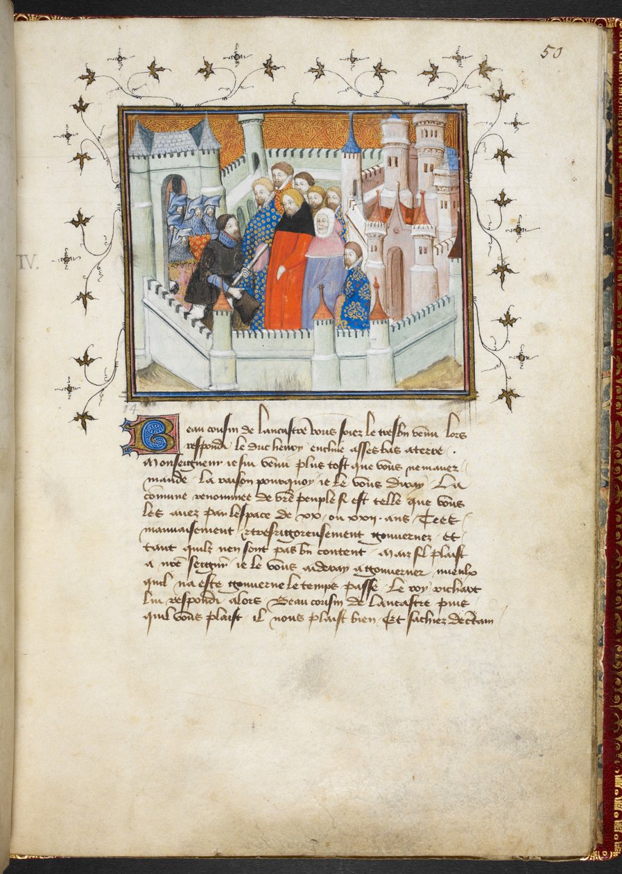 Harley 1319 f.50, Richard II og Bolingbroke ved Flint Castle, ca. 1401-05 (vellum) av French School