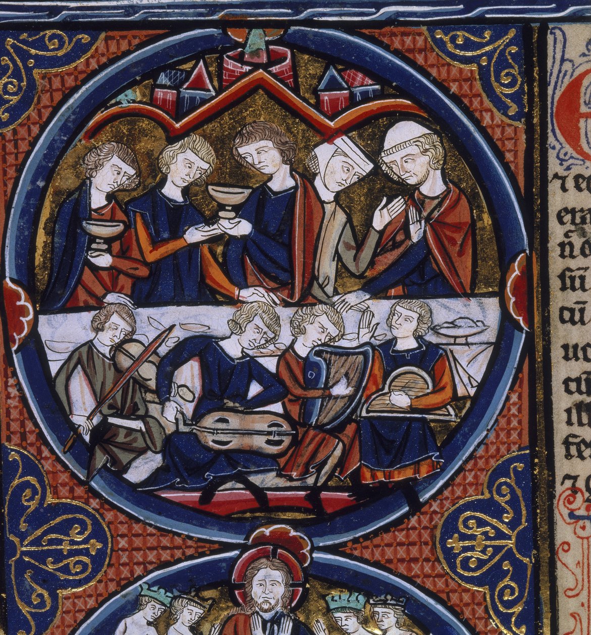 Harley 1527 fol.36v Bankett med musikere, fra 