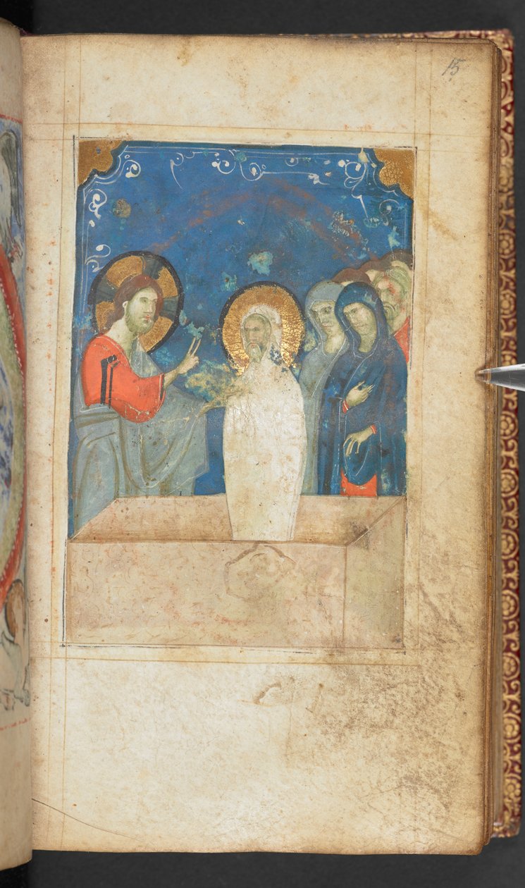 Harley 2928, f.15r, Raising of Lazarus, Scene fra Johannesevangeliet (vellum) av French School