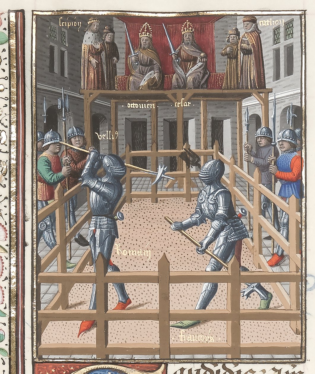 Harley 4375 f.171v, To riddere som kjemper med pollakser, fra ‘Valerius Maximus’, ca. 1473-80 (vellum) av French School