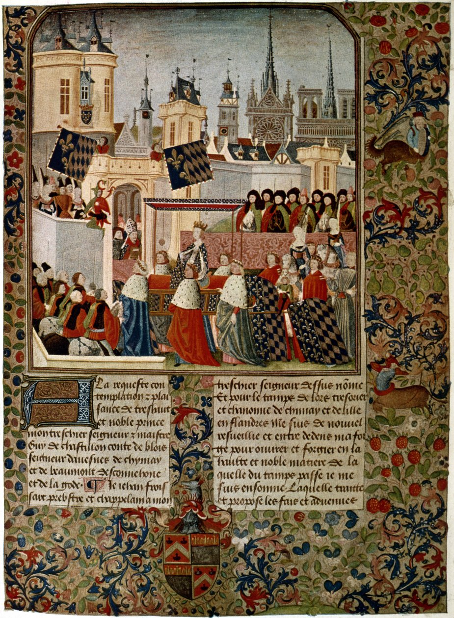 Harley 4379 f.3 Dronning Isabella, fremmedgjorte konsort av Edward II (1284-1327) inn i Paris i 1325, henrettet av Jean Froissart (ca. 1333-c. 1404) for historikeren Philippe de Comines (1445-1509) ( vellum) av French School