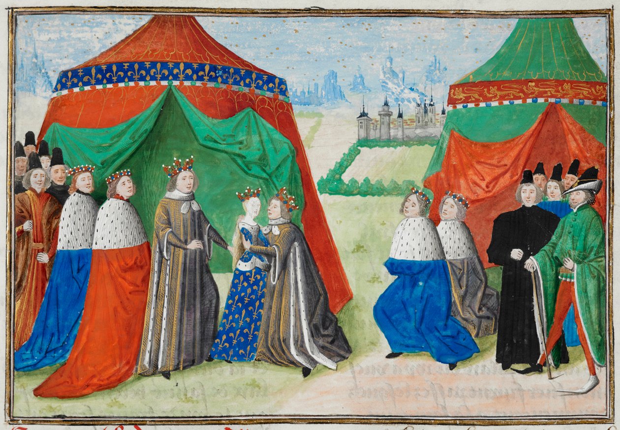 Harley 4380, fol.89 Richard II møter sin barnebrud, Isabel av Frankrike, fra Froissart Chronicles av French School