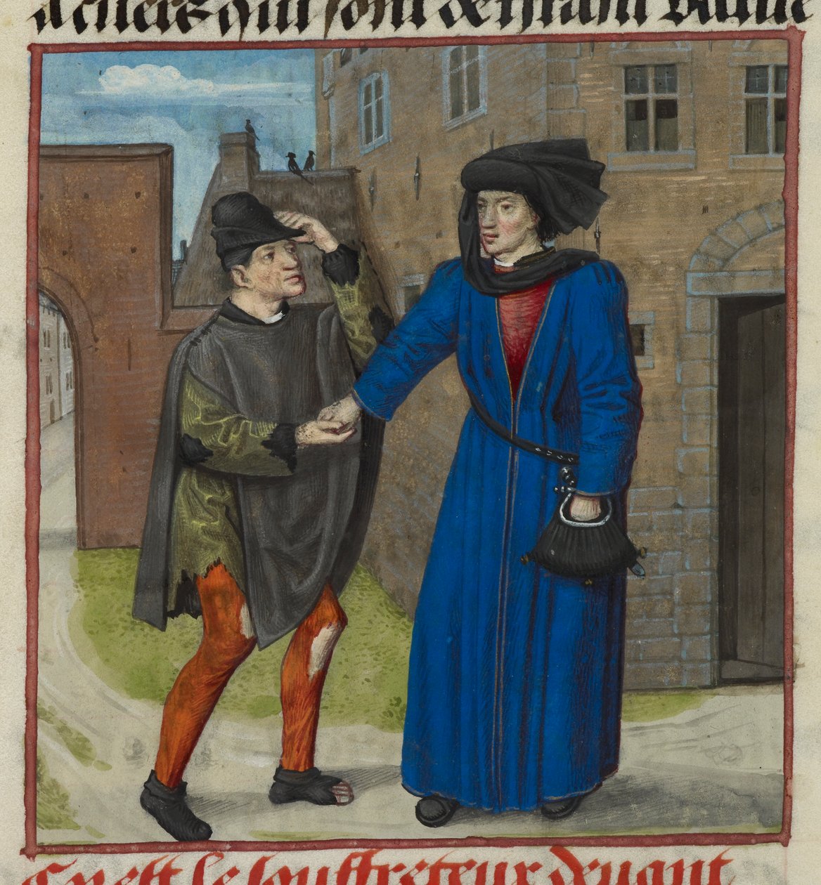 Harley 4425 f.47v Detalj av en miniatyr av en lidende som blir gitt penger av sin sanne venn, fra Roman de la Rose, ca. 1490-1500 (vellum) av French School