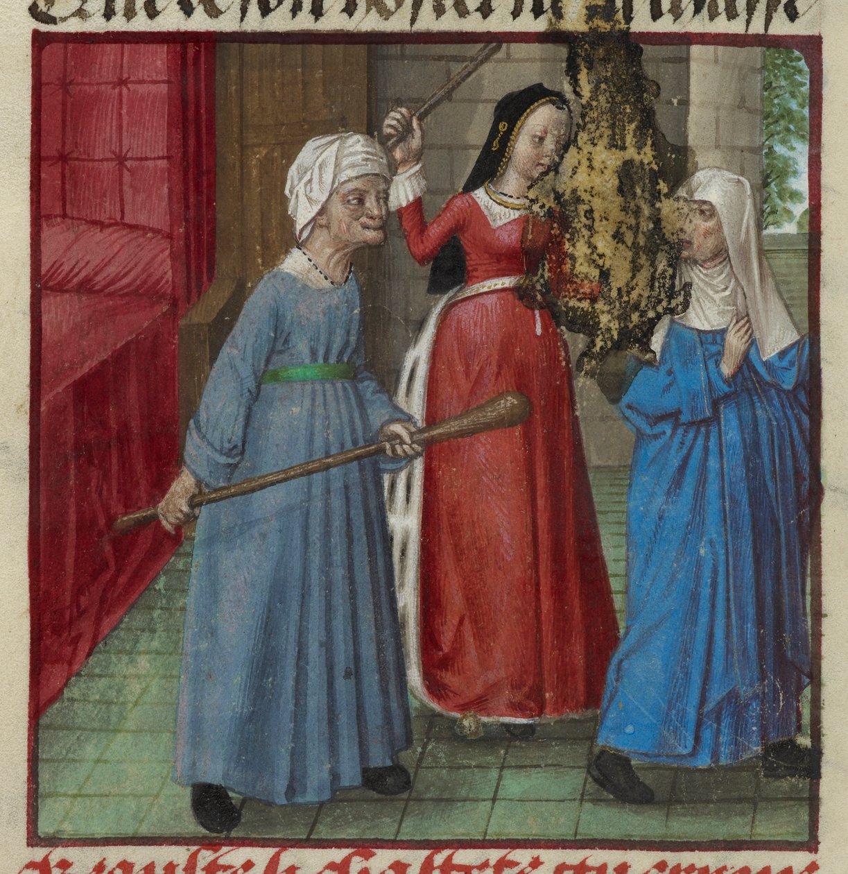 Harley 4425 fol.81v Miniature of Beaute (Skjønnhet) og Laideur (Ugliness) kjemper mot Chastete (Kyskhet) fra Roman de la Rose, ca. 1490-1500 (vellum) av French School