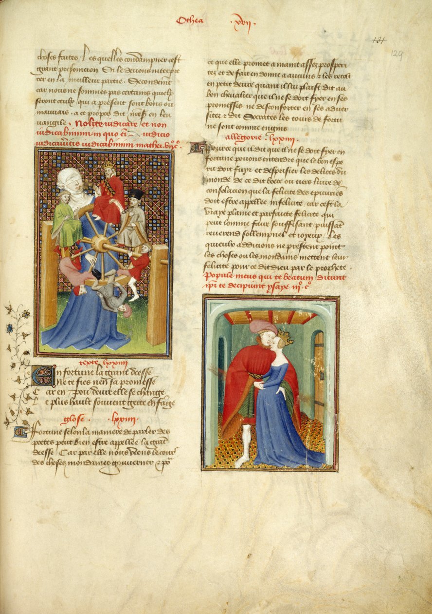 Harley 4431, f.129 Lykkehjulet; og Paris som omfavner Helen, fra 'The Book of the Queen', vol. 1, av Christine de Pizan, ca. 1410-14 (blekk, farge og gull på vellum) av French School