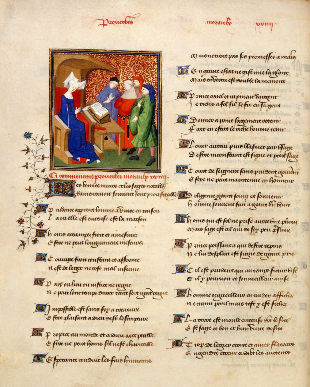 Harley 4431 volume II, f.259v Miniature of a woman reading moral proverbs at the beginning of the 