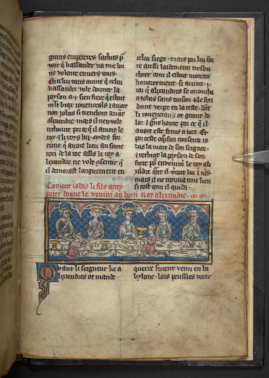 Harley 4979, f.78 Alexander mottok gift fra Jobas under en fest. , fra 'Roman d'Alexandre in prosa' c.1290-c.1300 (vellum) av French School