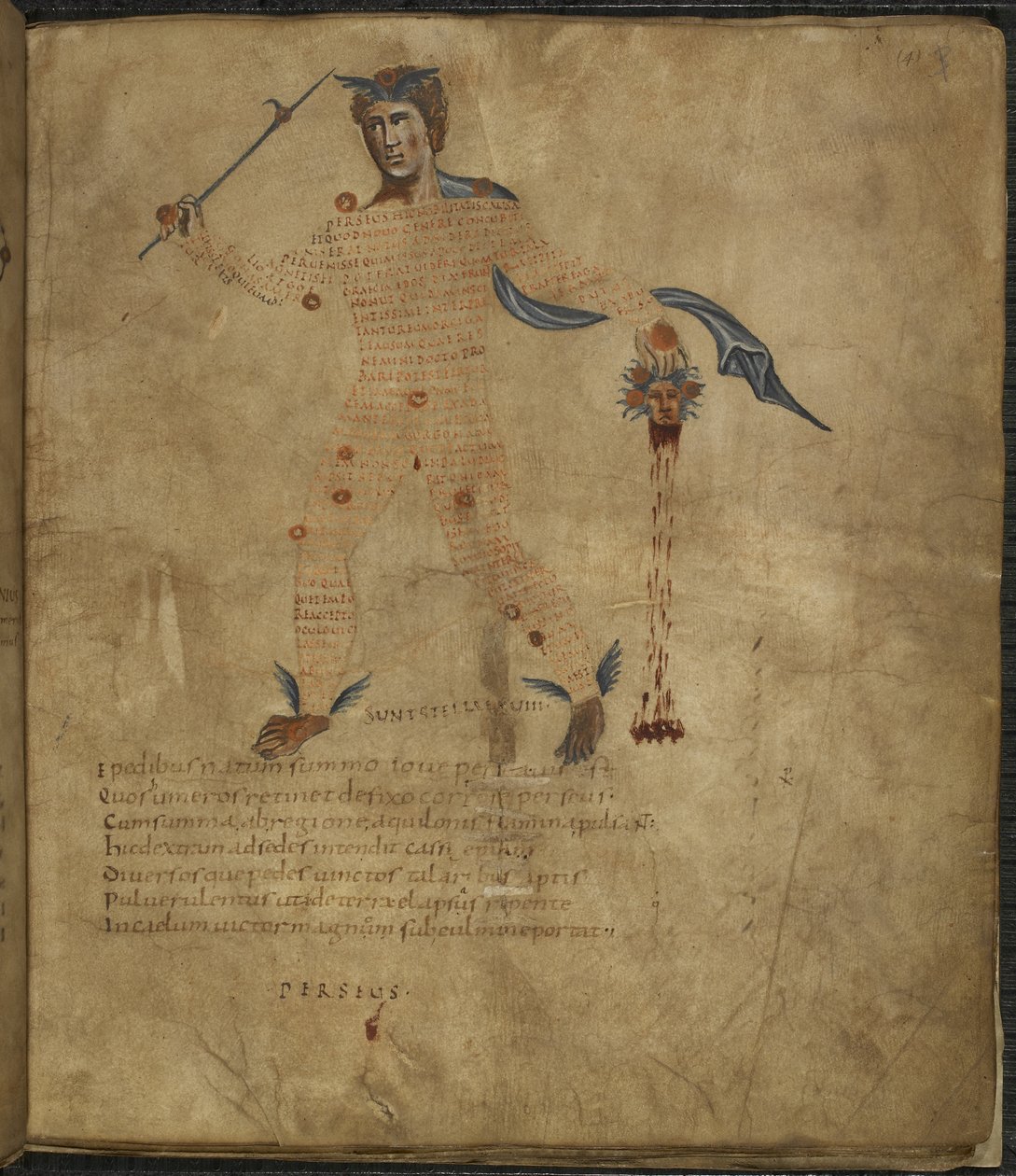 Harley 647, f.4 Illustrasjon av Perseus, en helt fra gresk mytologi, med hodet til den slangehårede Medusa, med tekst eller scholia innenfor figuren av stjernebildet, fra 