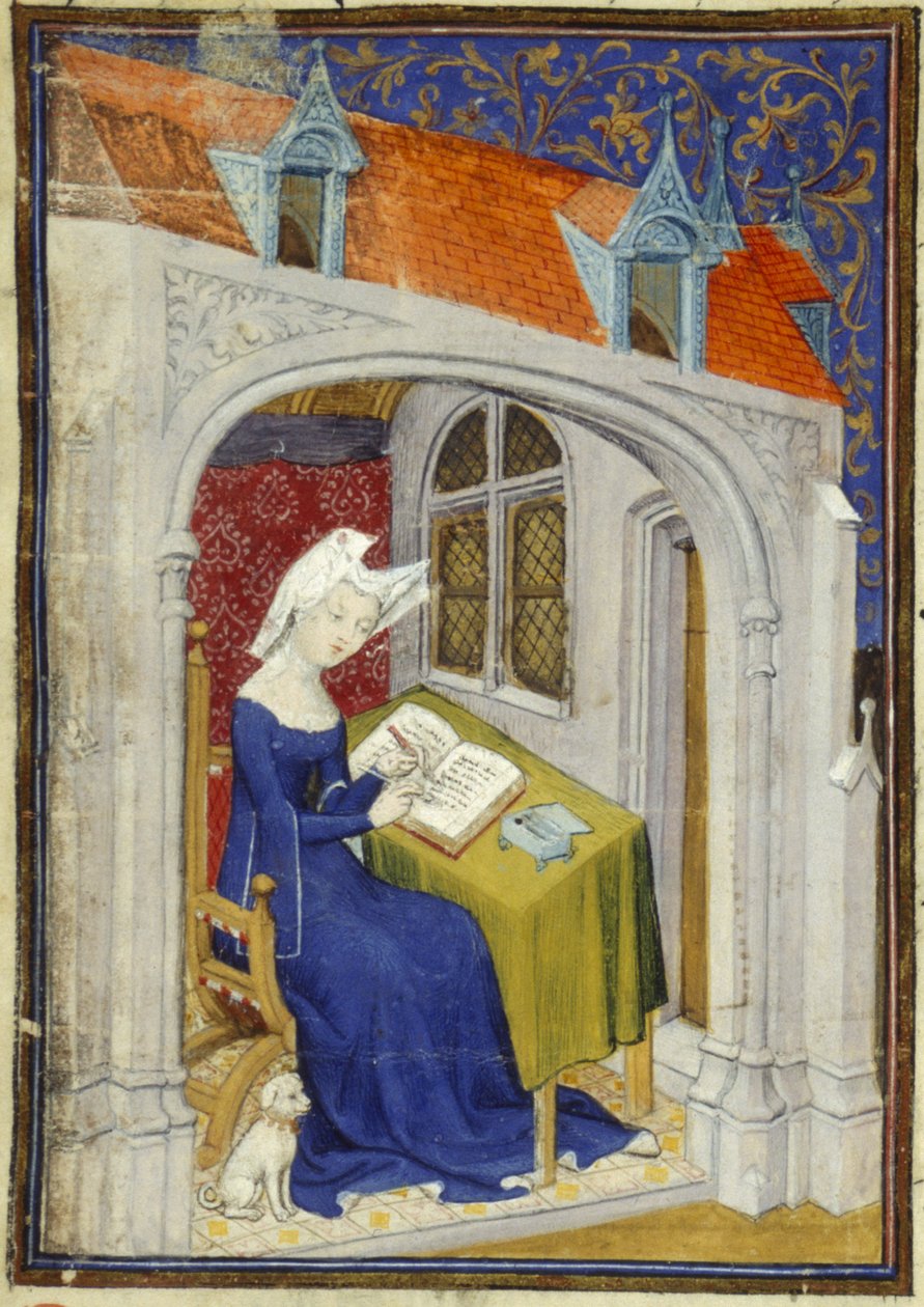 Harley MS 4431 f.004r Detalj av en miniatyr av Christine de Pizan i hennes arbeidsrom i begynnelsen av 