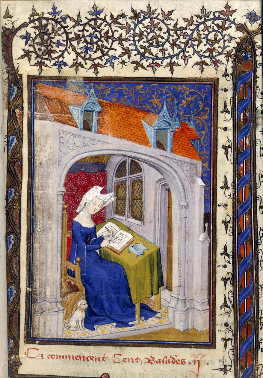 Harley MS 4431 f.004r Detalj av en miniatyr av Christine de Pizan i hennes arbeidsrom i begynnelsen av 