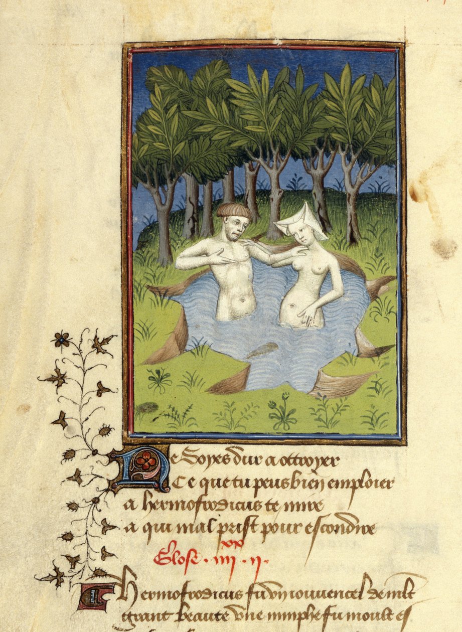Harley MS 4431, f.132v, Miniatyr av Hermafroditus og nymfen Salmacis som bader i en innsjø, fra 