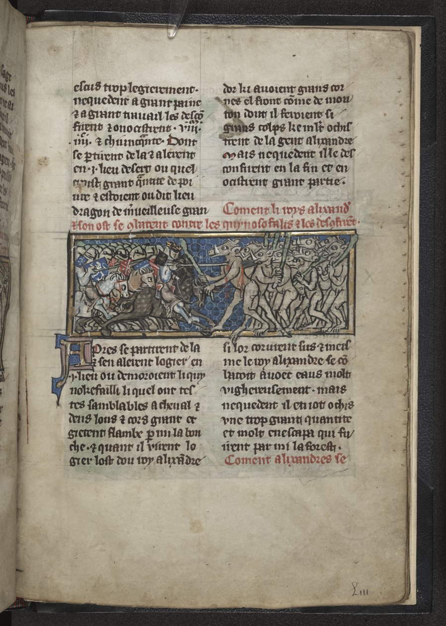 Harley MS 4979 f.72r Alexander som bekjemper menn med hestehoder, fra 
