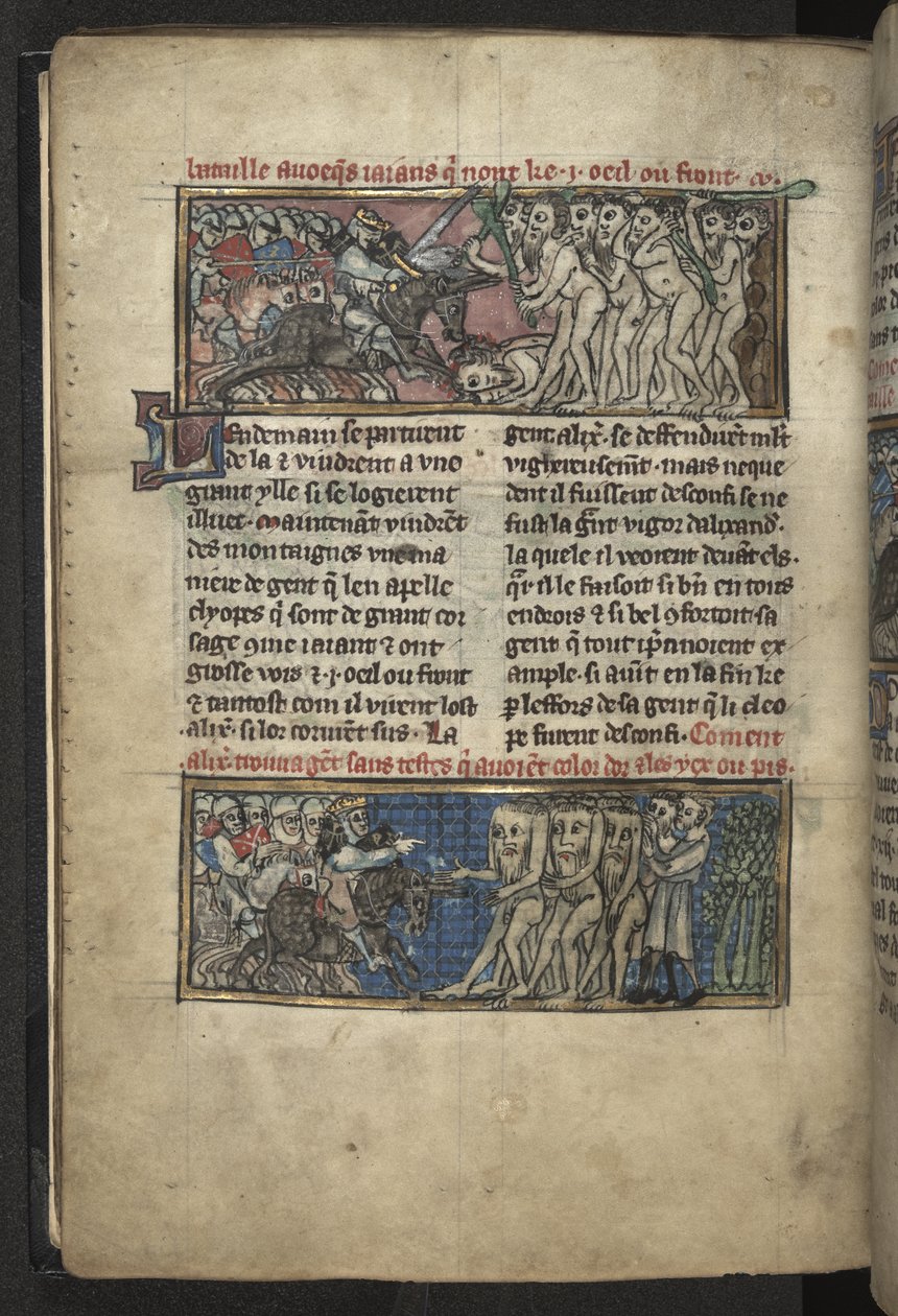 Harley MS 4979 f.72v Alexander bekjemper Cyclopes; Alexander bekjemper en gruppe blemmyes, fra 'Roman d'Alexandre', ca. 1290-1300 (blekk, farge og gull på vellum) av French School