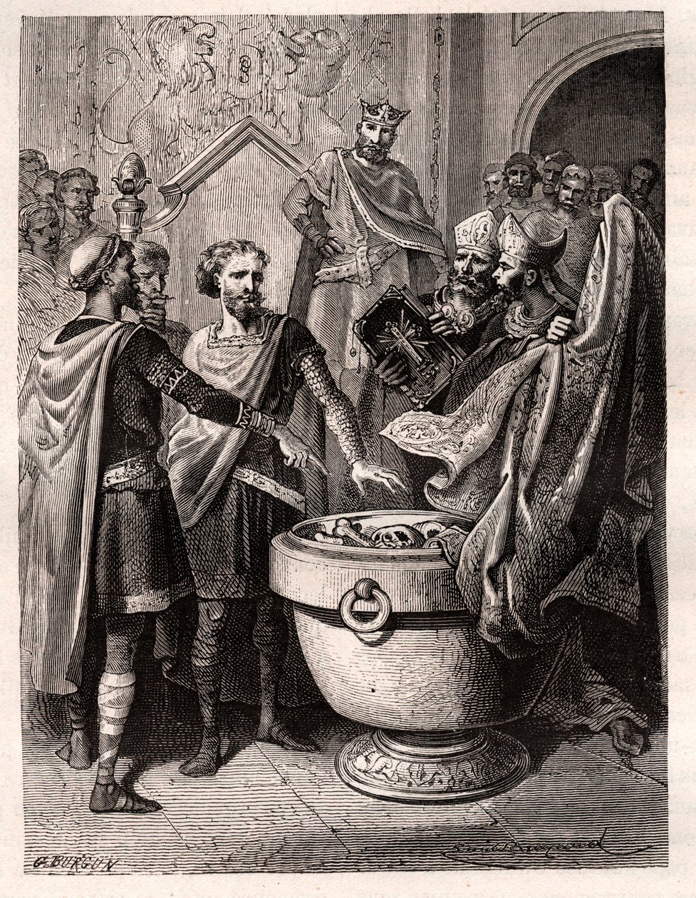 Harold II (1020-1066) last Anglo Saxon King crown in 1064, sworn in on sacred relics before William I the Conquerant to support his cause at the throne of England at the death of Edward the confessor, around 1064 (Harold swearing an oath on sacred relics ( av French School