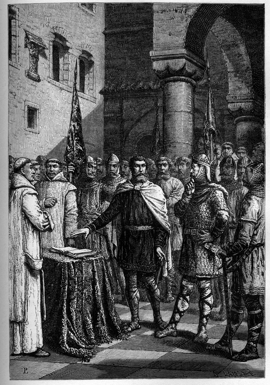 Harold, kongen av engelskmennene, sverger troskap til Guillaume, hertugen av Normandie (William I) - Harold II (1020-1066) siste anglosaksiske kongekrone i 1064, og avla ed på de hellige relikviene før Vilhelm I Erobreren for å støtte sin sak kl. Englands  av French School