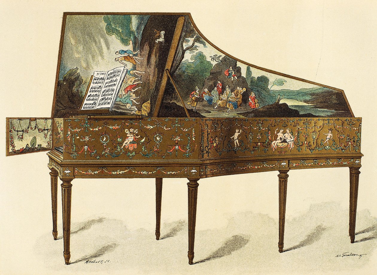 Cembalo dekorert med grotesker, illustrasjon fra Dictionary of Furniture and Decoration, av Henry Havard, bind I av French School