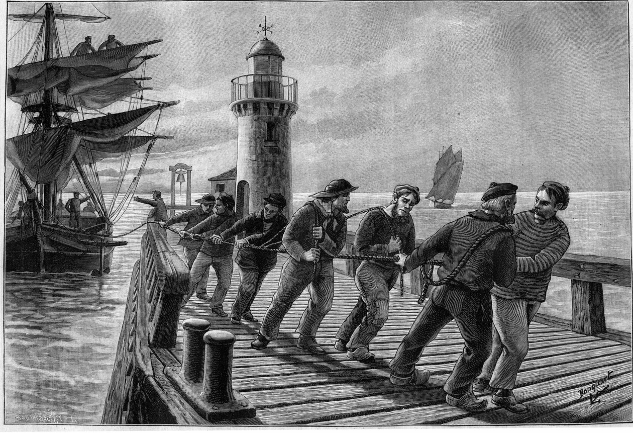 Dumpere som sleper en båt, sent på 1800-tallet. Gravering i "" Journal des Voyages"" av 26. mars 1899. av French School