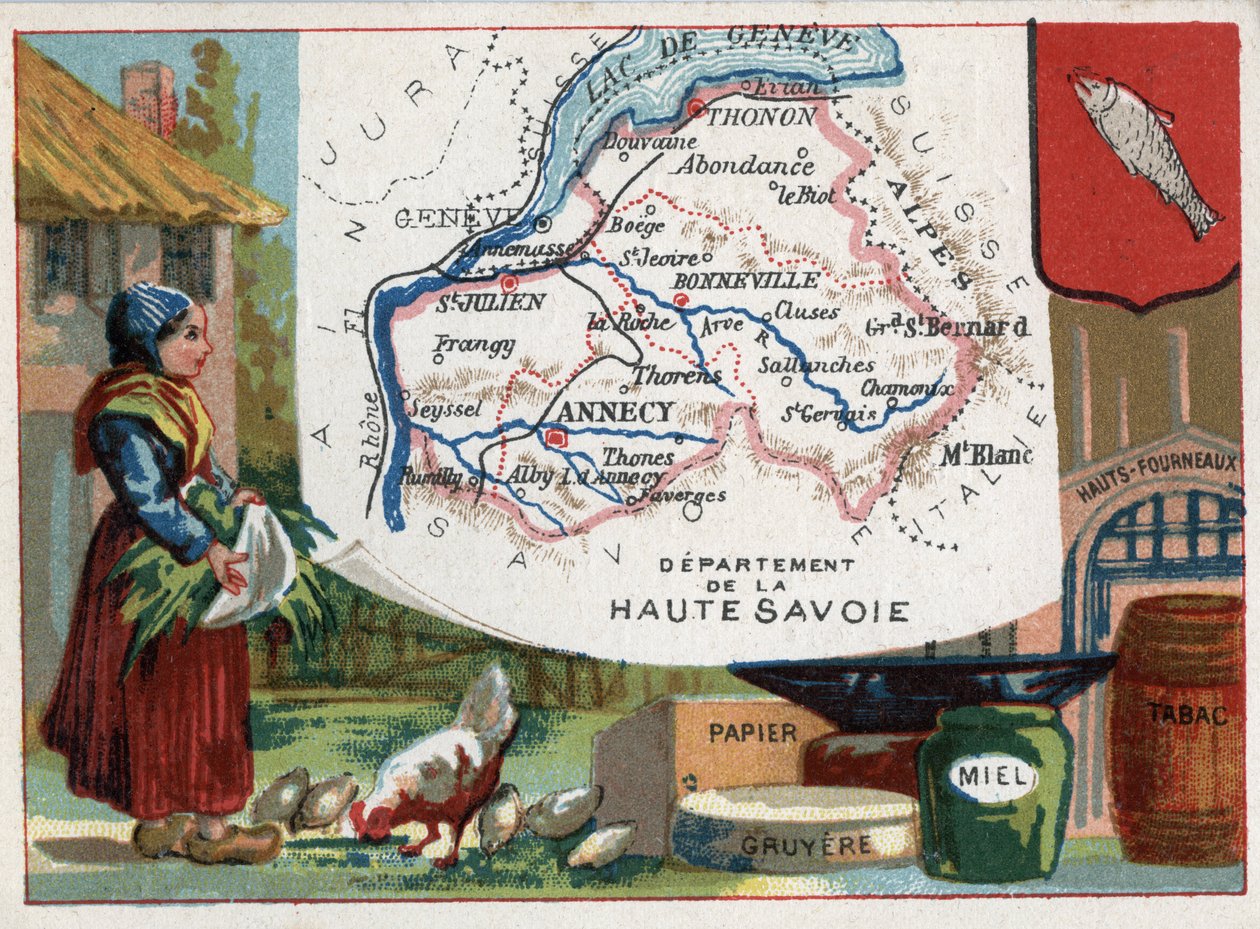 Haute Savoie (Haute-Savoie, 74), Rhône-Alpes (Rhône-Alpes), Frankrike. Lokal spesialitet: papir, gruyere, honning, tobakk og masovner. Serie om de franske avdelingene. Chromolithography (Chromo) "" den geografiske tråden"", ca 1920. Privat samling av French School