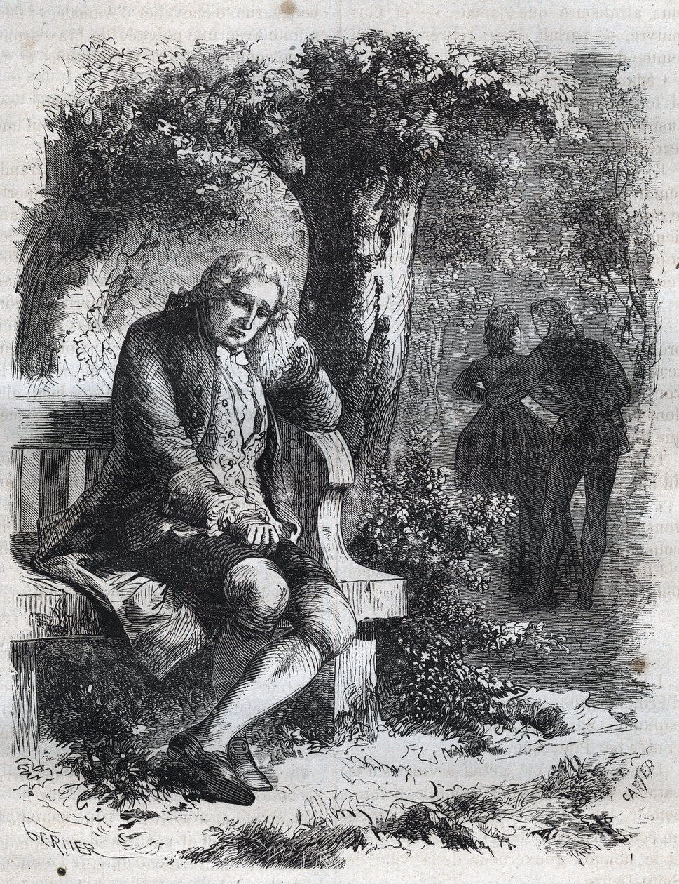 Han hørte hviskingen av et kyss.» Den sveitsiske filosofen Jean Jacques (Jean-Jacques) Rousseau (1712-1778) overrasker sin følgesvenn Marie-Therese (Marie Therese) Le Vasseur (Levasseur) (1721-1801) i fullt utroskap. Gravering fra 1871 i «Histoire Des Cocu av French School