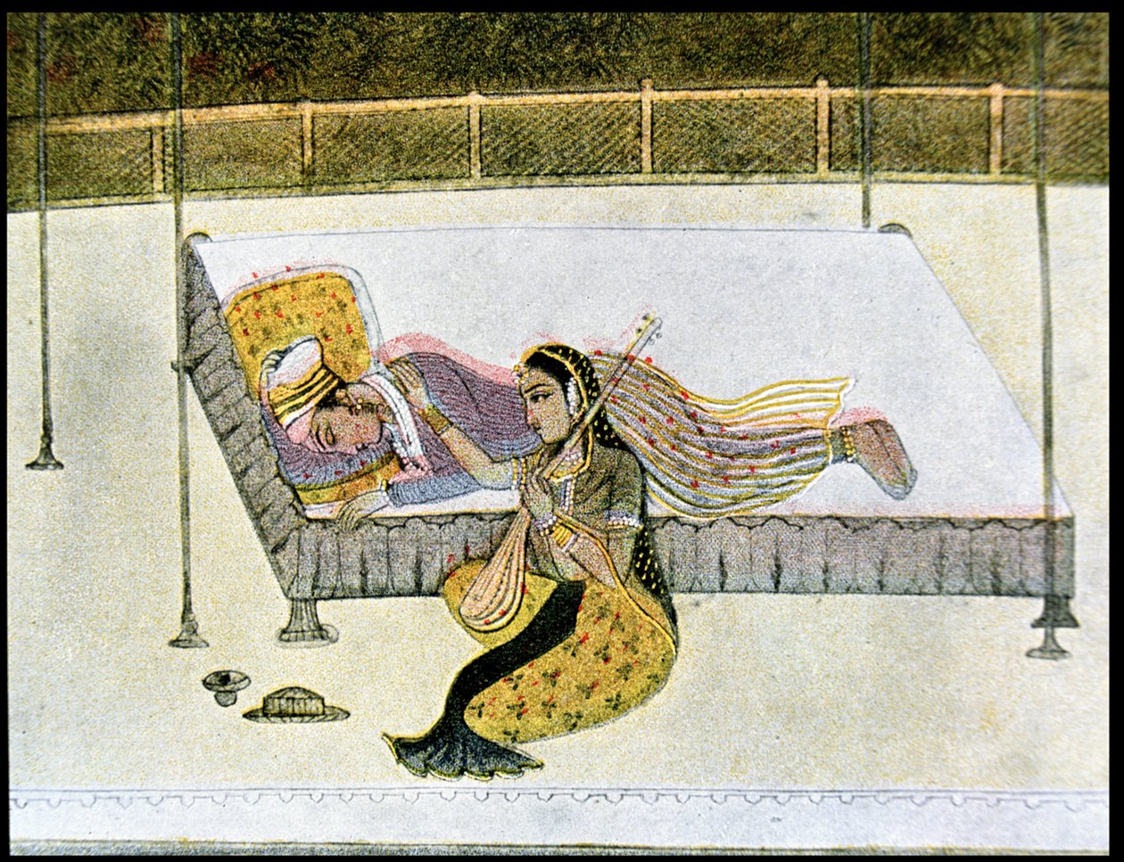 Han er ingenting uten musikk, illustrasjon for The Arabian Nights, 1895 (fargegravering) av French School