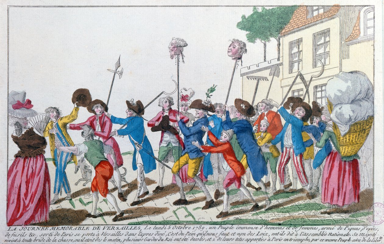 Hoder av to av Kings-vaktene drept 5. oktober 1789 i Versailles av den parisiske mobben blir båret i triumf til Paris av French School