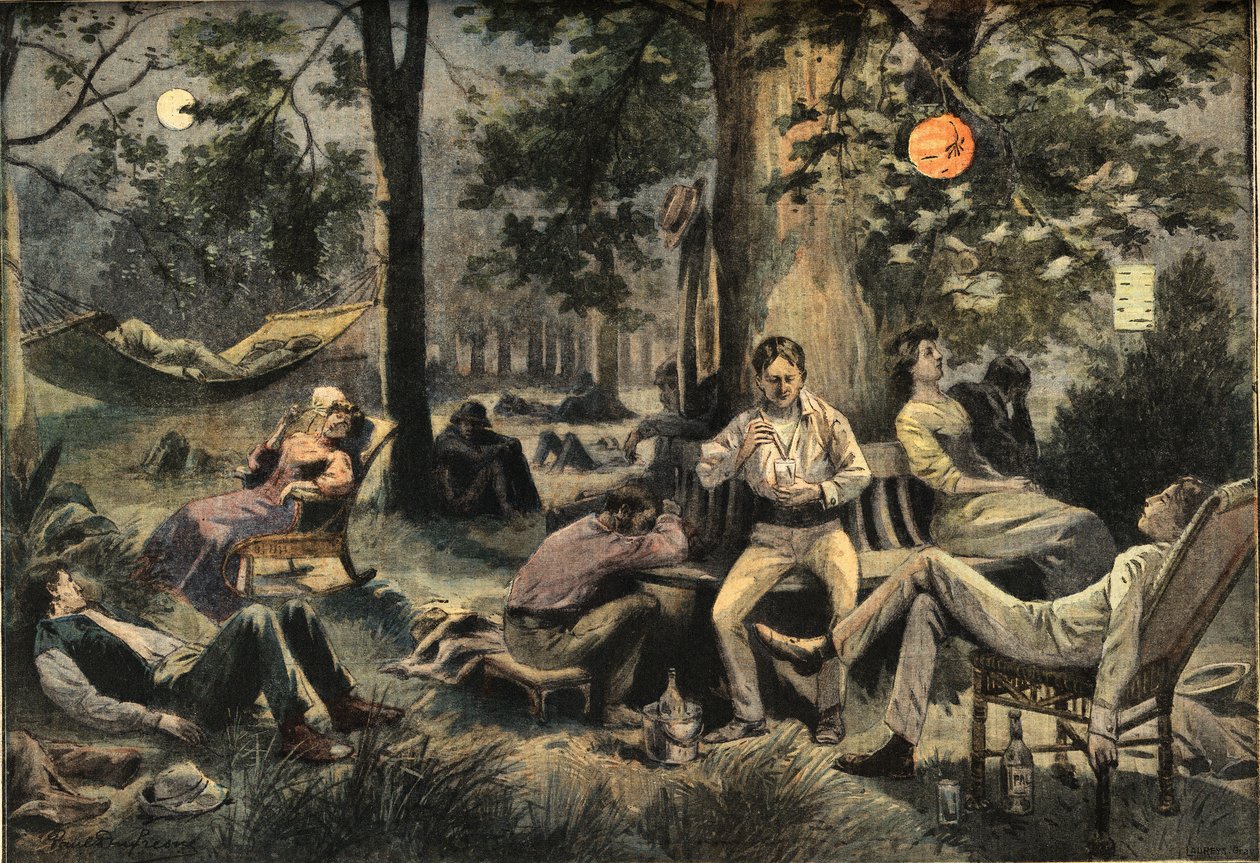 Varme i New York: innbyggere leir i parkene, fra avisen "Le Petit Parisien", 26.07.1908 (gravering) av French School