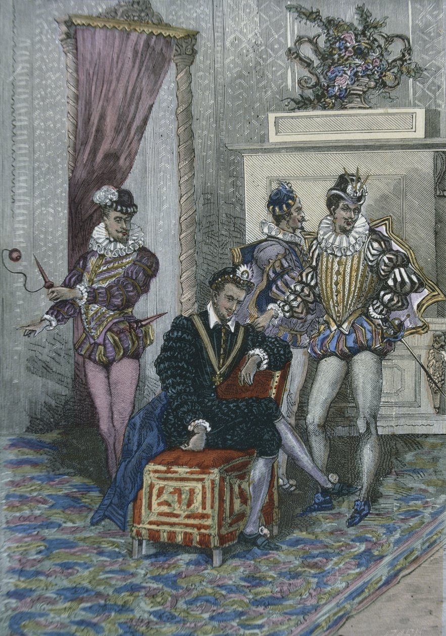 Henri III (1551-89) og hans favoritter (fargegravering) av French School
