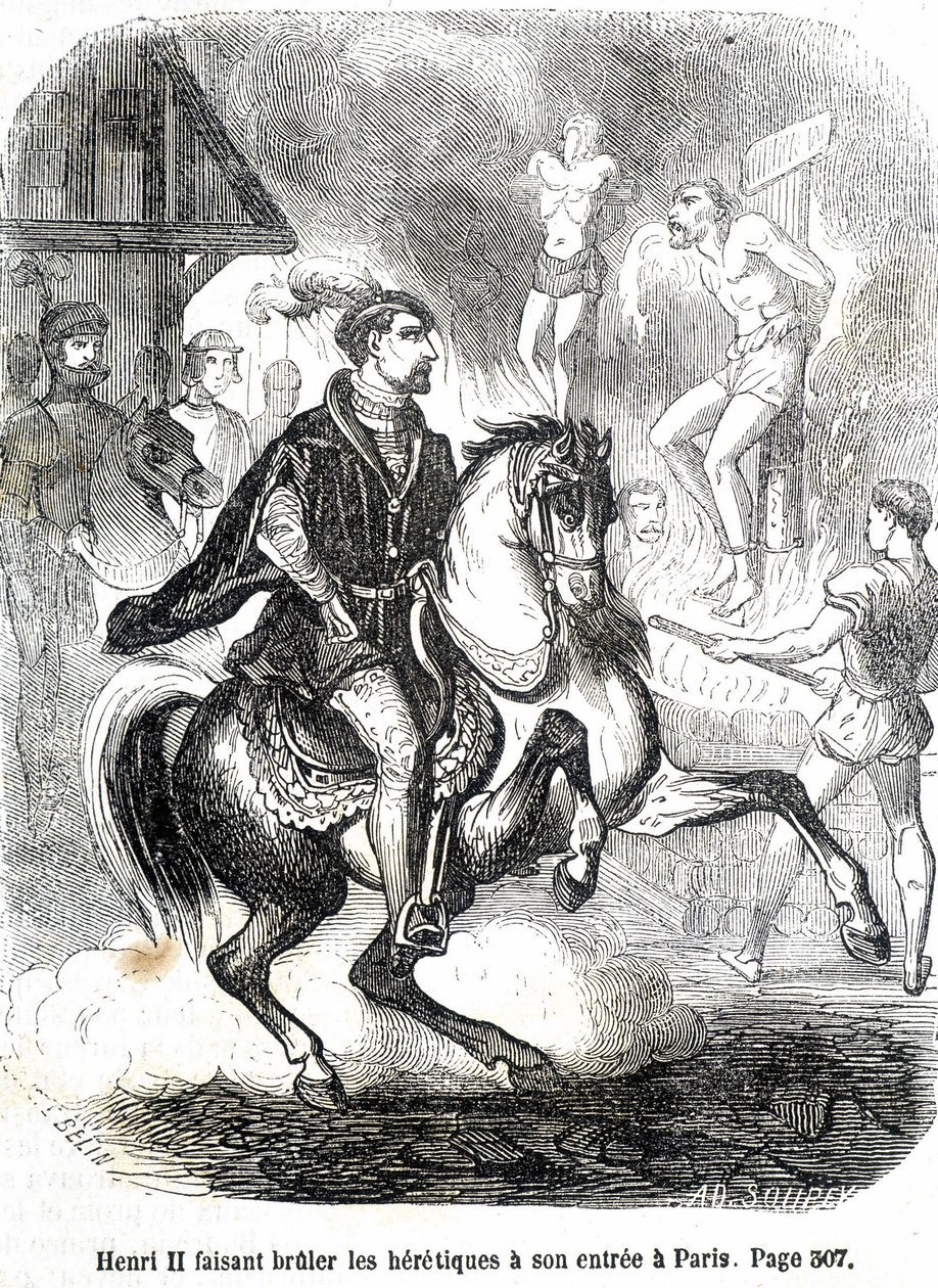 Henri II (1519 - 1559) fikk kjettere til å brenne ved inngangen til Paris - i "Histoire de France" av L.-P. Anquetil av French School