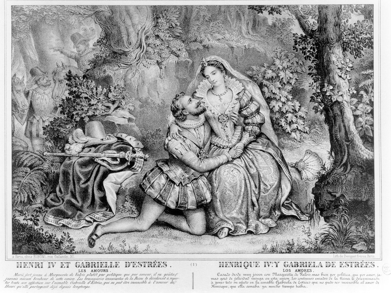 Henri IV (1553–1610), konge av Frankrike og Gabrielle dEstrees (1573–99) av French School