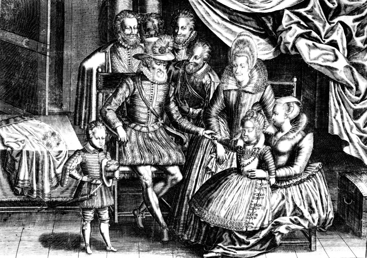 Henri IV (1553-1610) Konge av Frankrike med sin familie og sine rådmenn av French School