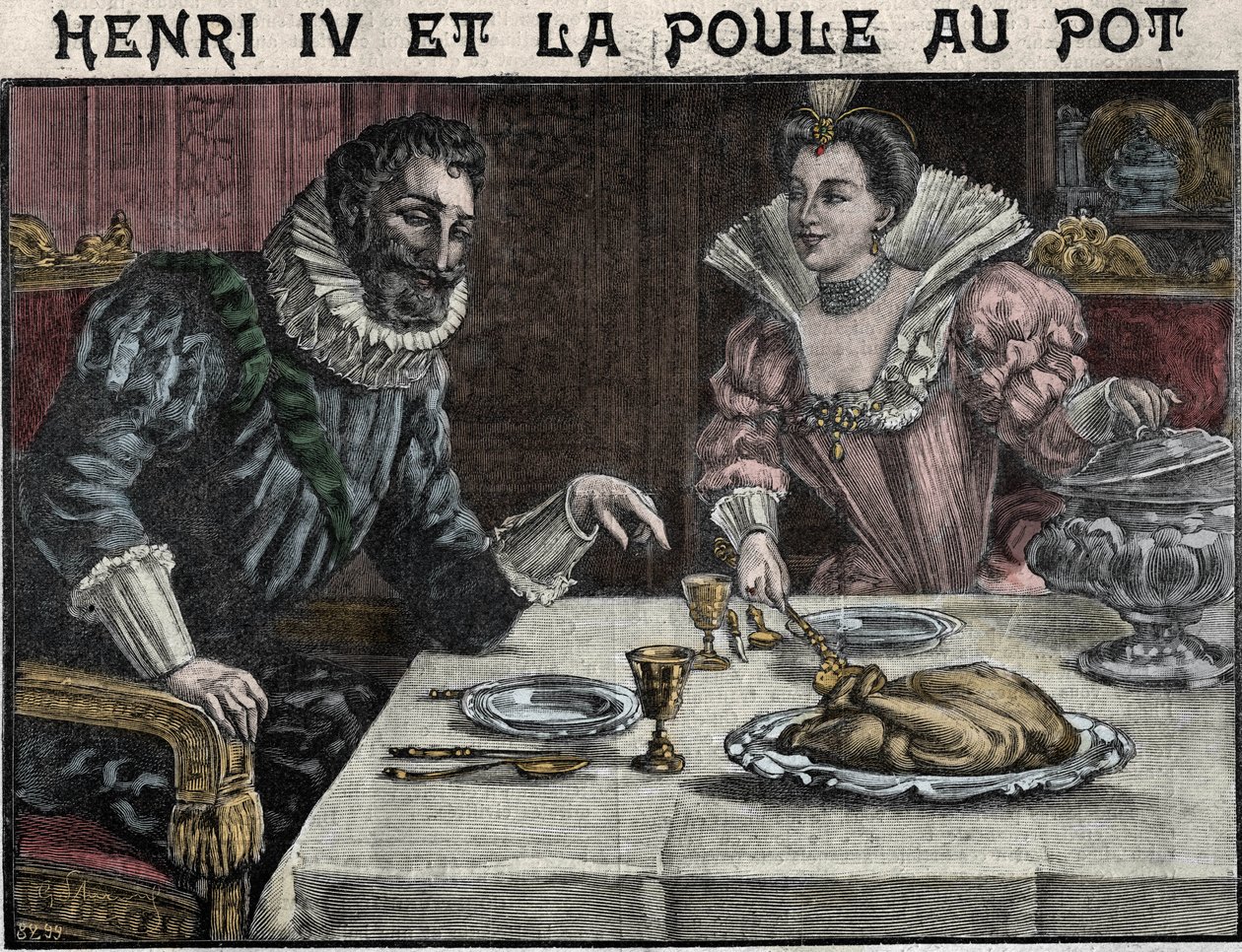Henri IV og kyllingen ved gryten: Gabrielle d'Estrees inviterer kongen av Frankrike til å smake en høne ved gryten: en av favorittrettene deres er begge deler. Gravering i "" La cuisine des familles"" fra 1905-1908. av French School