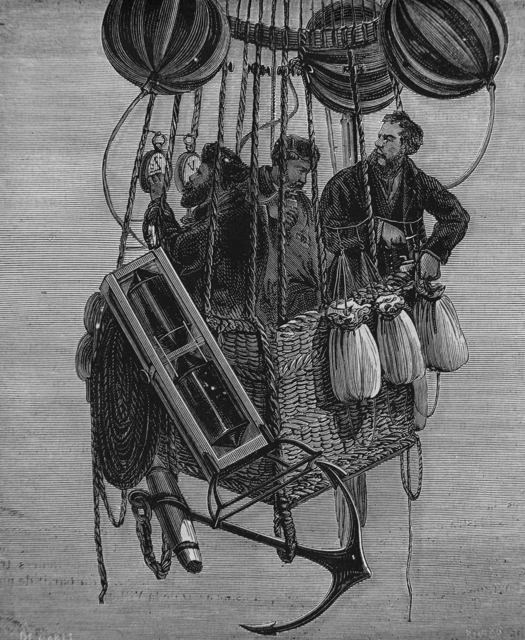 Henri Theodore Sivel (1834-75), Joseph Croce Spinelli og Gerard Tissandier i gondolen til ballongen Zenith, 15. april 1875 av French School