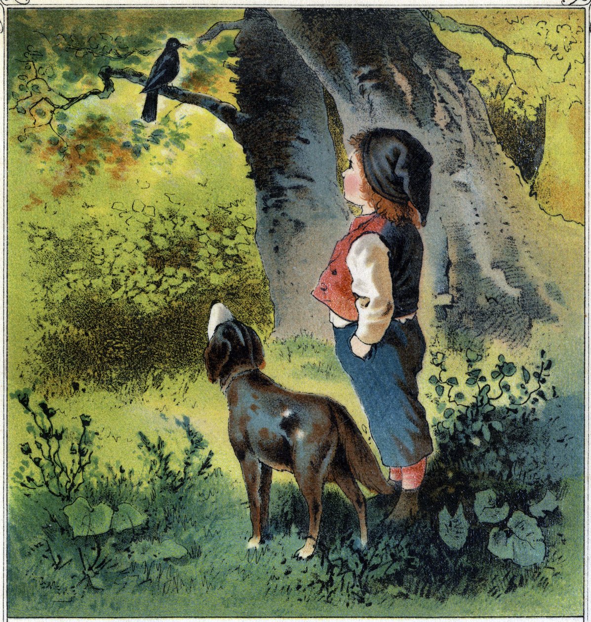 Henri observerer en svarttrost på en gren i skogen, og vender tilbake til livet sitt hvis han var en fugl. Kromolitografi fra "" Childhood Scenes"" utg. Guerin - Muller rundt 1885. av French School