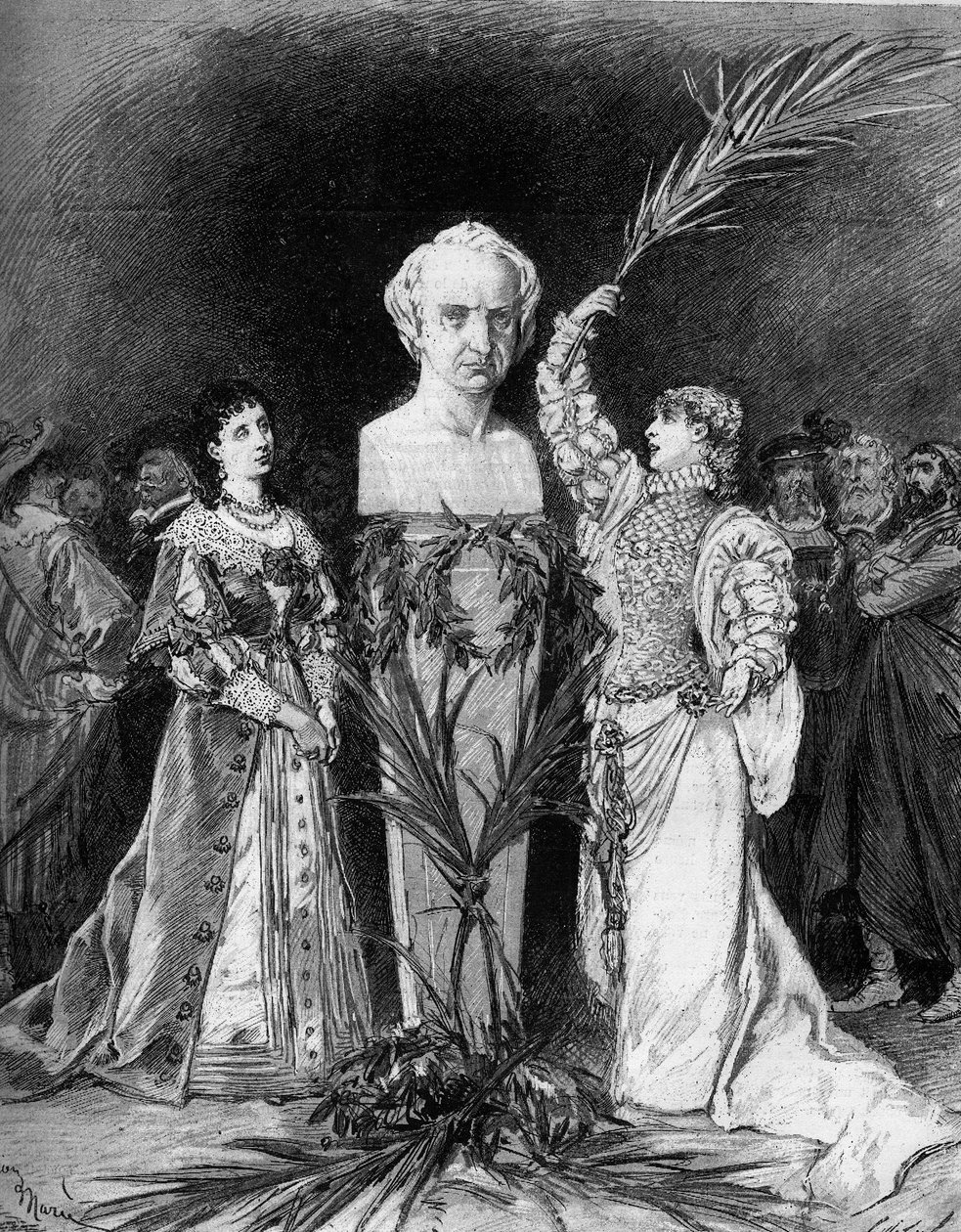 Henriette Rosine Bernard ringte Sarah Bernhardt (1844-1923) og resiterte "Slaget ved Hernani" av Francois Coppee, foran bysten av Victor Hugo (1802-1885) i anledning femtiårsjubileet for stykket "Hernani". Paris, Comedie Francaise av French School