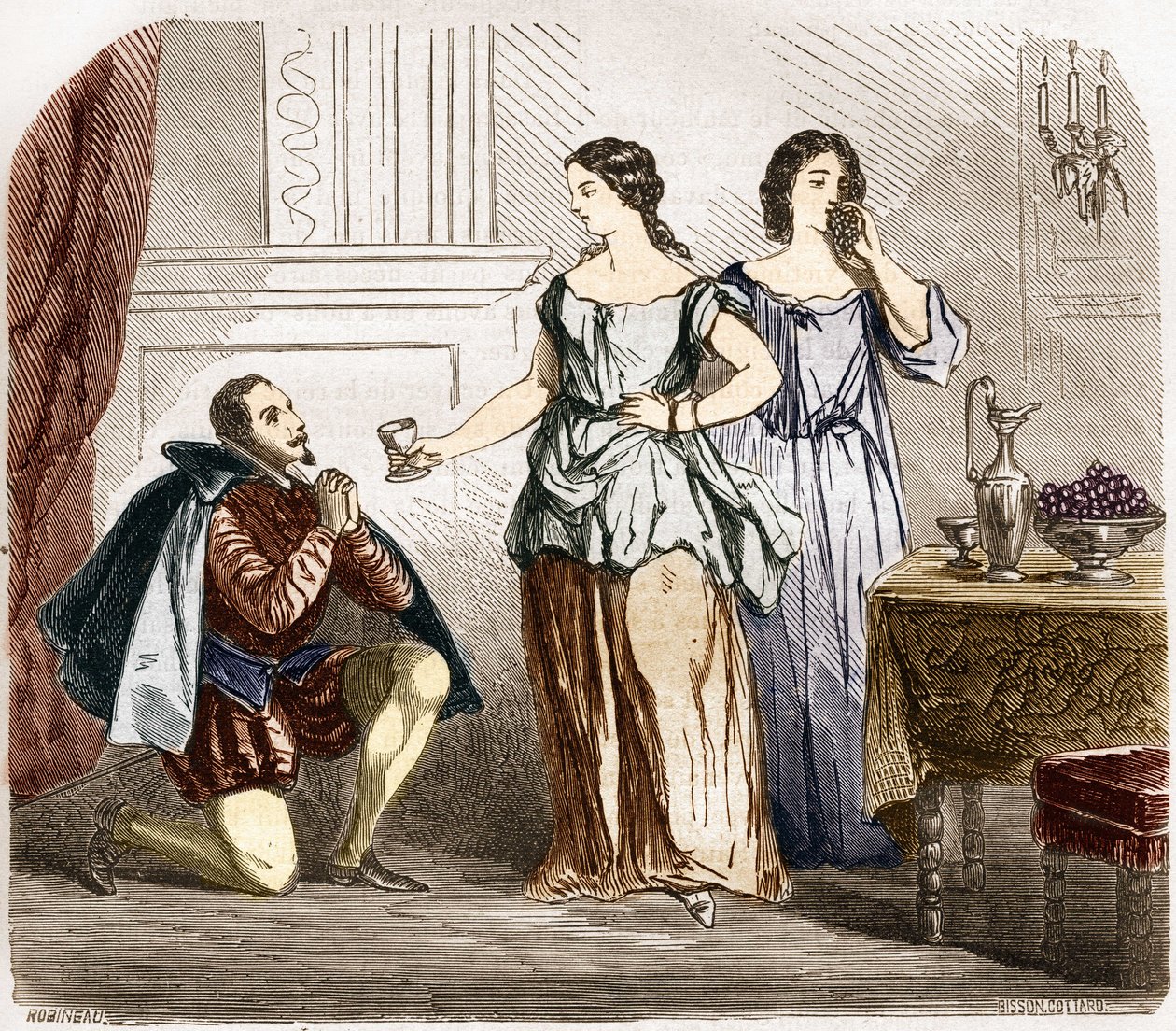 Henry IV (1553-1610), konge av Frankrike som ble betjent av halvnakne kvinner. Gravering i "Prostitusjonens og utskeielsens historie blant alle verdens folkeslag fra antikken til i dag" av Dr. Th. -F. Debray. 1879. av French School