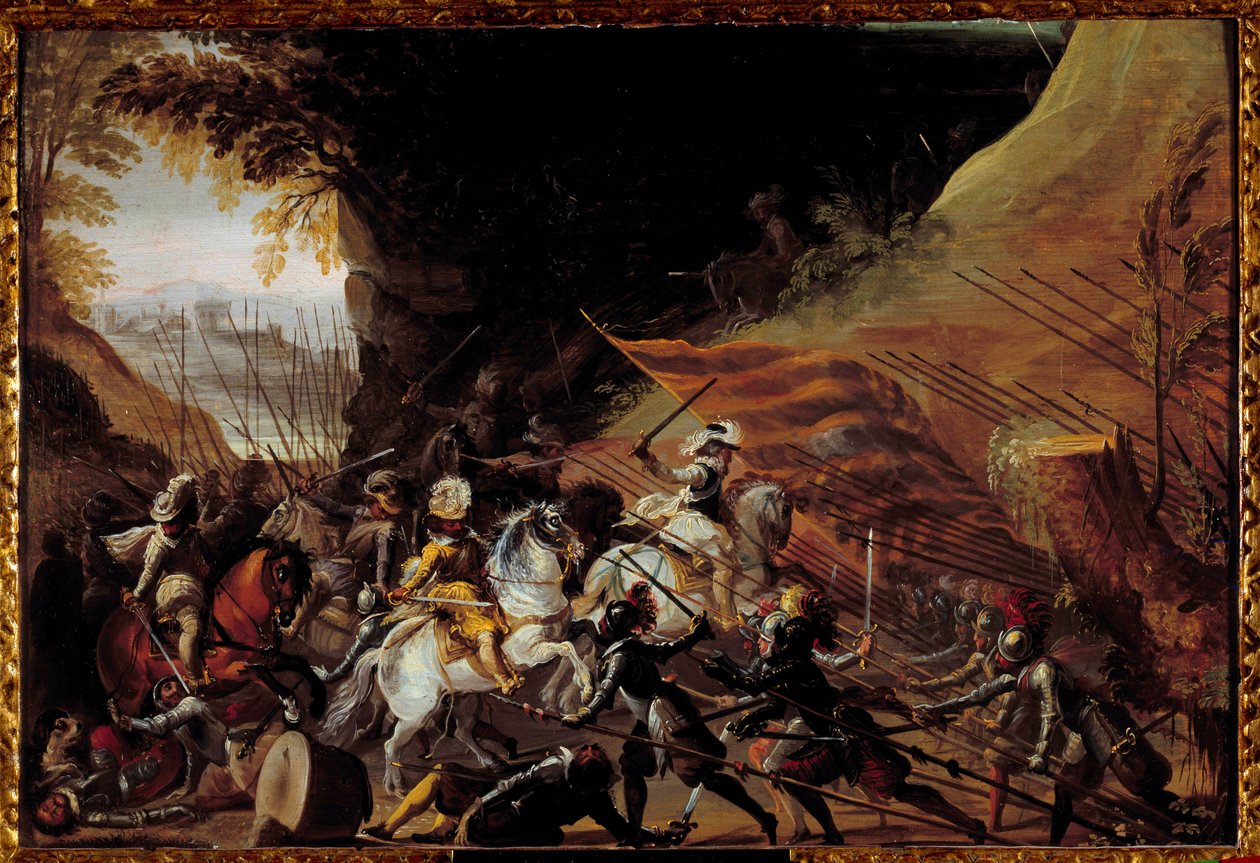 Henry IV (1589-1610) lastet i spissen for kavaleriet sitt. Anonymt fransk maleri fra 1600-tallet. Olje på tre. Mål: 0,35 X 0,52 m. Pau, Musee Du Chateau av French School