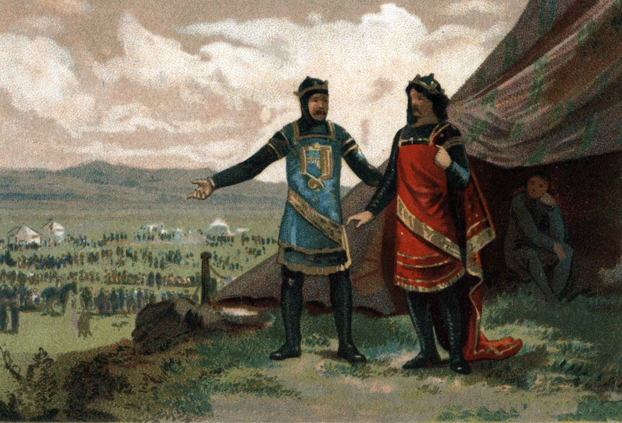 Henrik I, konge av Frankrike (1008-1060) mottok hertugen av Normandie Djevelen Robert (også kjent som Le Magnifique) og ga ham en hær for å gjenvinne riket sitt. Kromolitografi rundt 1890. av French School