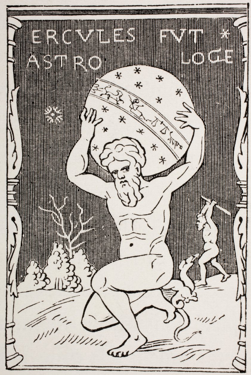 Hercules holder verden på ryggen mens Atlas samler eplene til Hesperides, fra 
