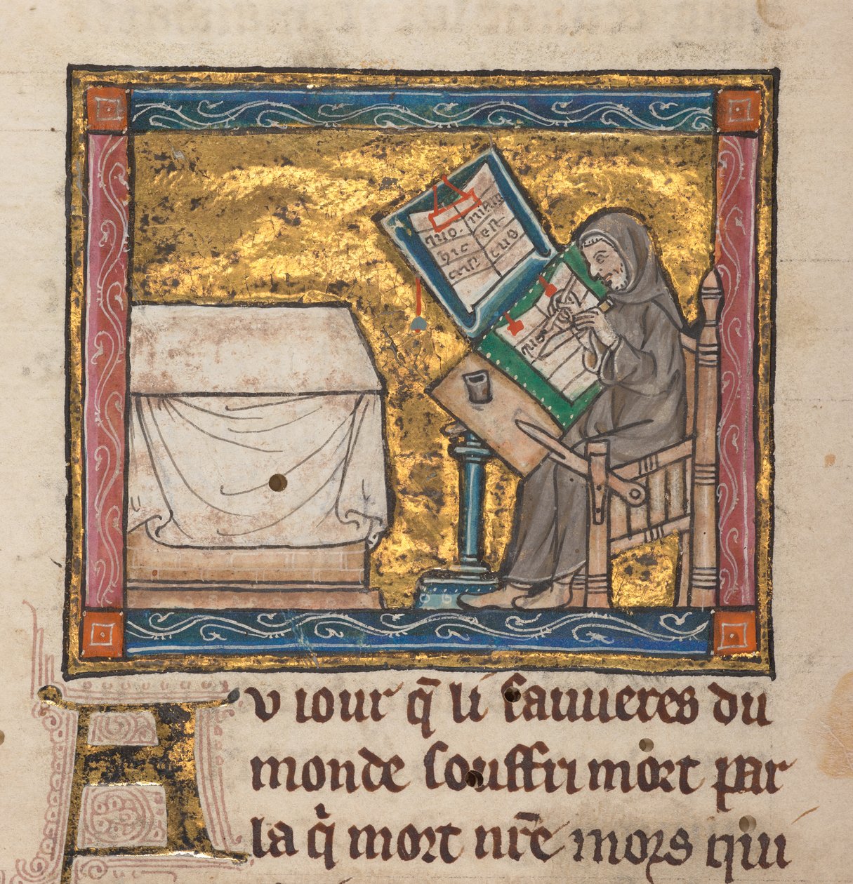Eremitt som skriver ved et skrivebord, miniatyr fra "Estoire del Saint Graal, La Queste del Saint Graal, Morte Artu", ca. 1315-25 (blekk på pergament) av French School